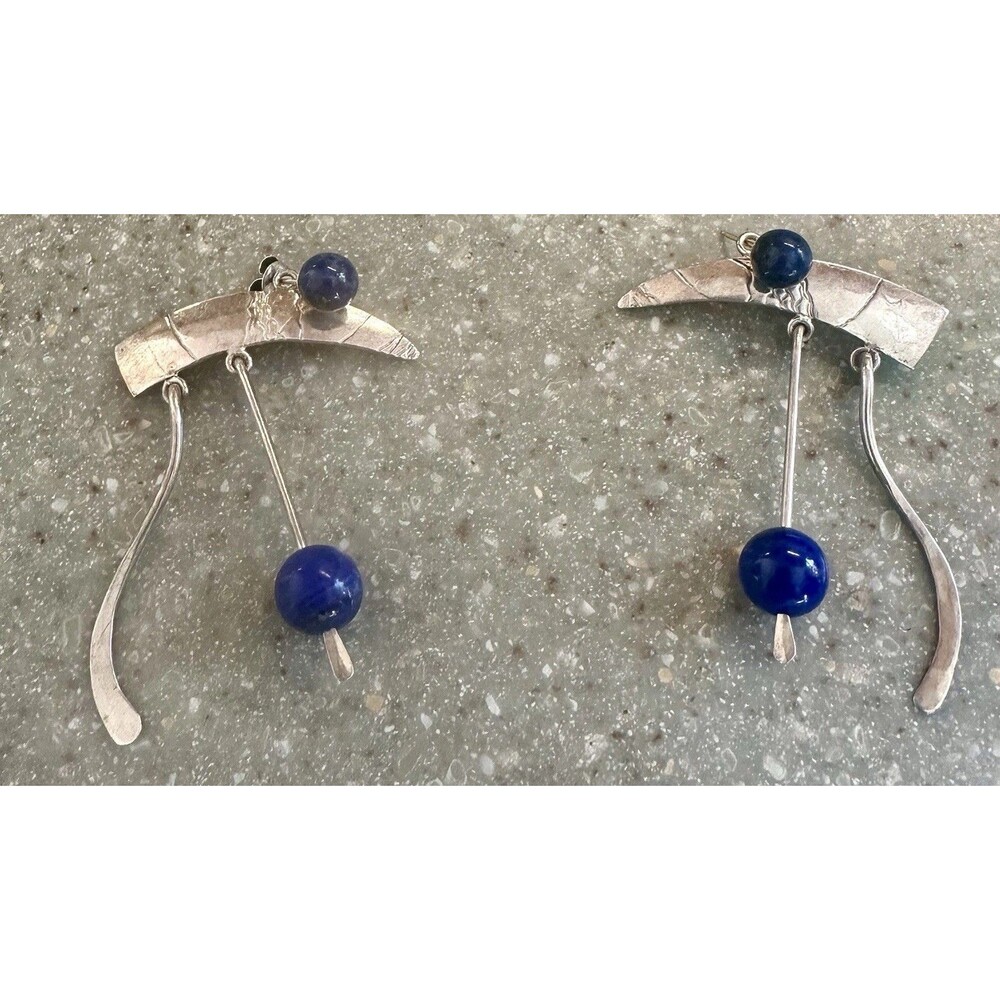 Stamped Peggy Robinson VTG Sterling 925 Lapis Dangle Earrings Detach Posts